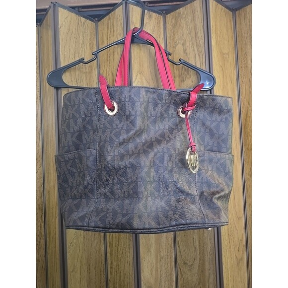 Michael Kors MK Jet Set Signature Brown Magenta Straps Purse Handbag Tote Bag - Picture 1 of 10